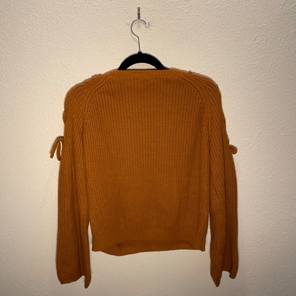 Burnt Mustard Orange, Laced Shoulder, V-Neck Sweater - Picture 2 of 4